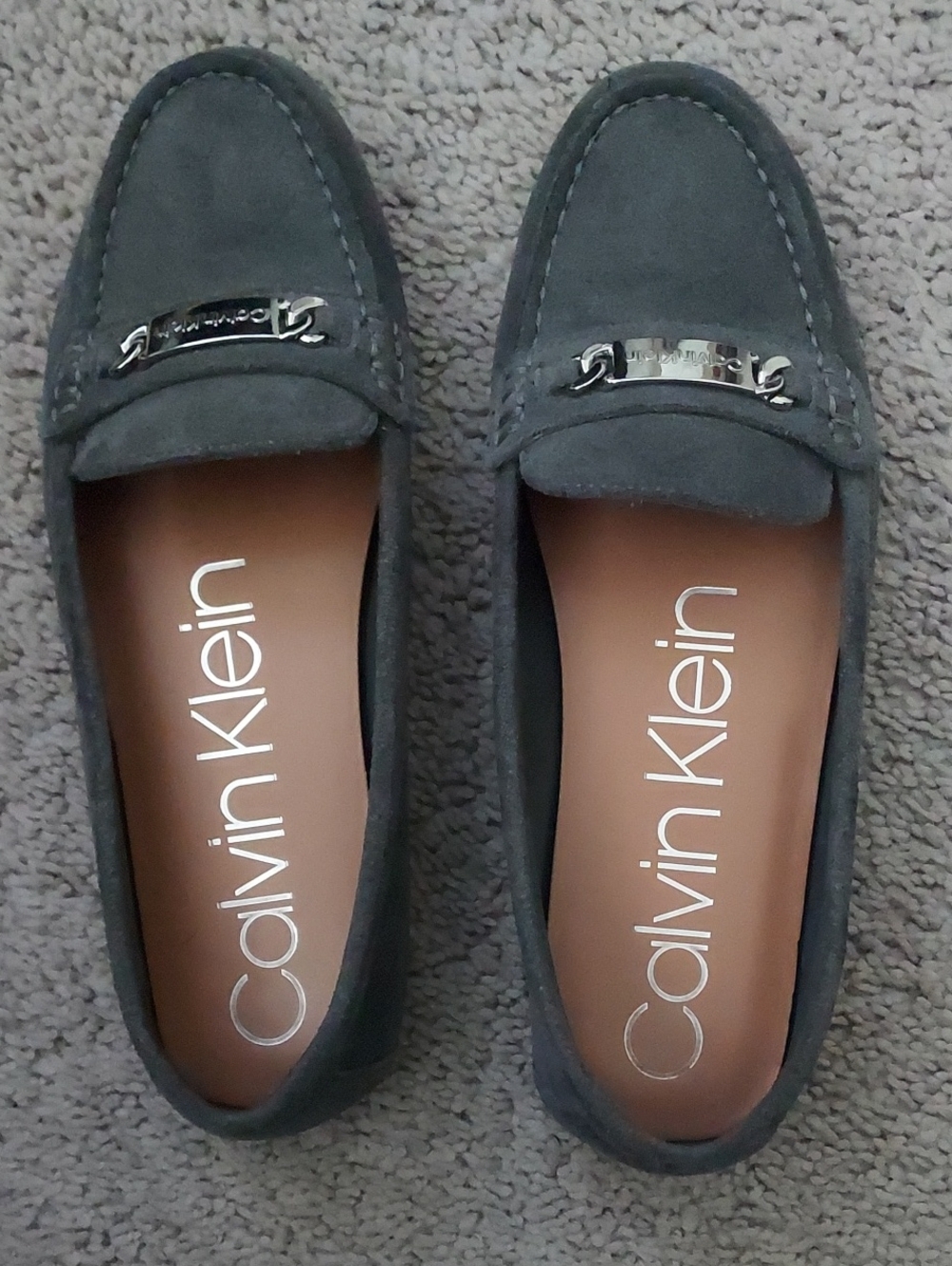 Calvin Klein Women's Dark Gray Suede Slip-On Loafers with Logo Accent